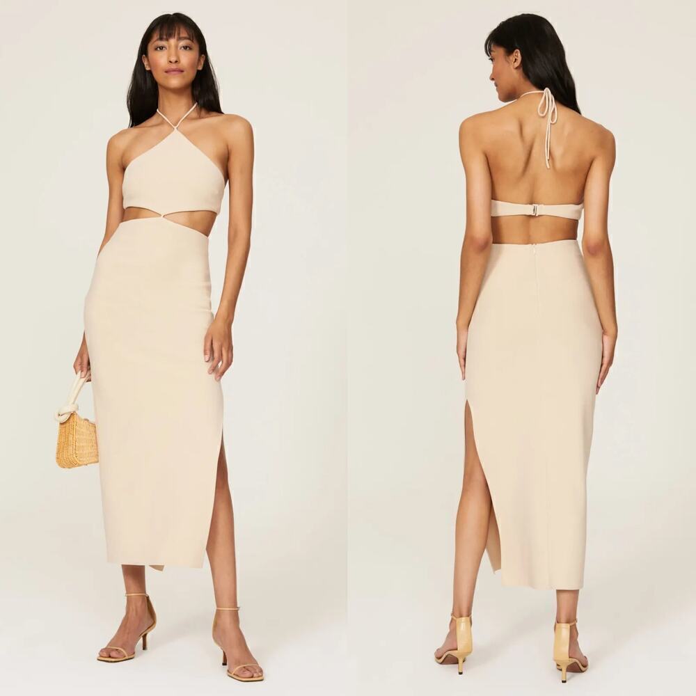 Bec & Bridge Iris Dress Sleeveless Cutout Halter Neck Midi Macadamia Beige 10